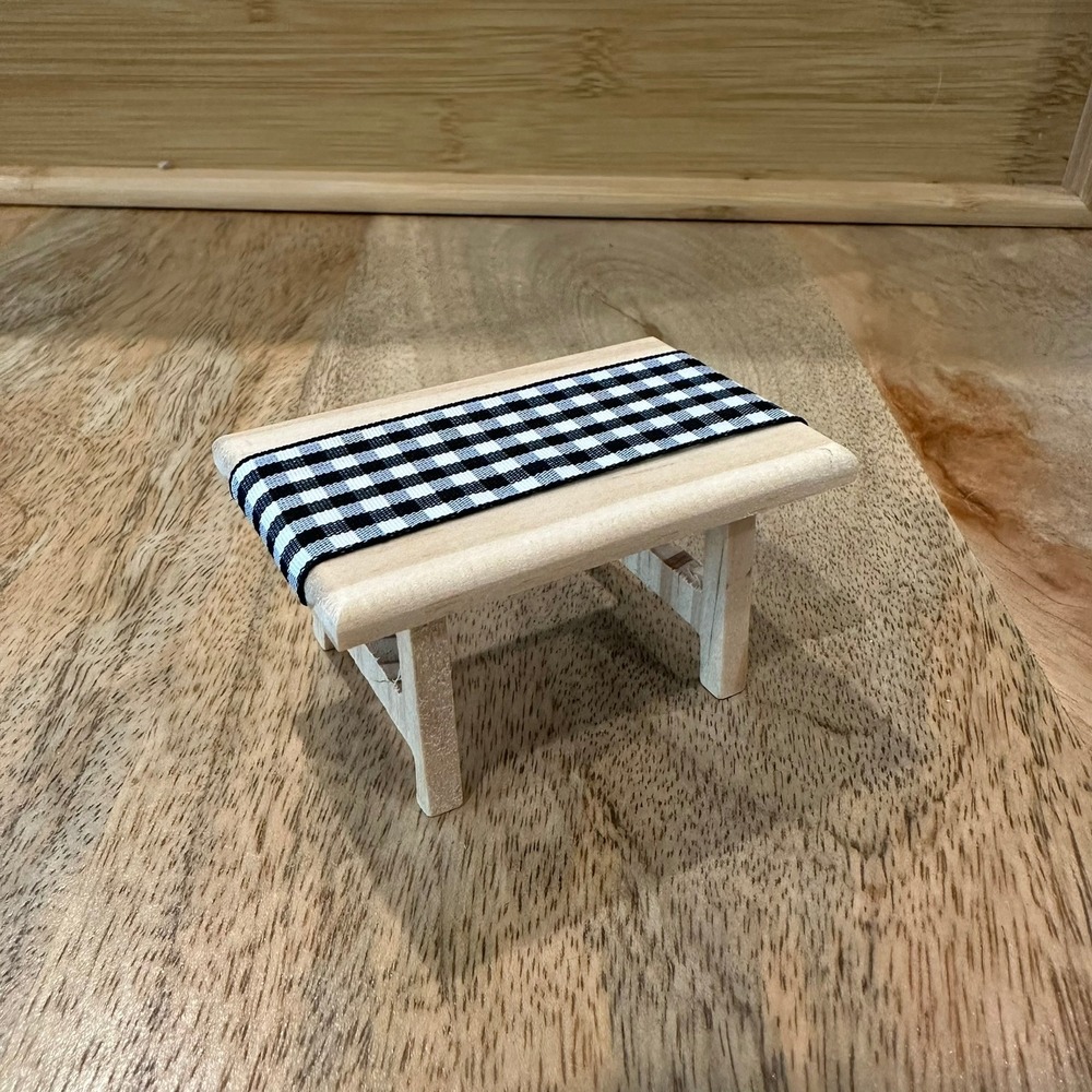 Miniature Wooden Farmhouse Table with Gingham Runner Dollhouse Furniture Decor